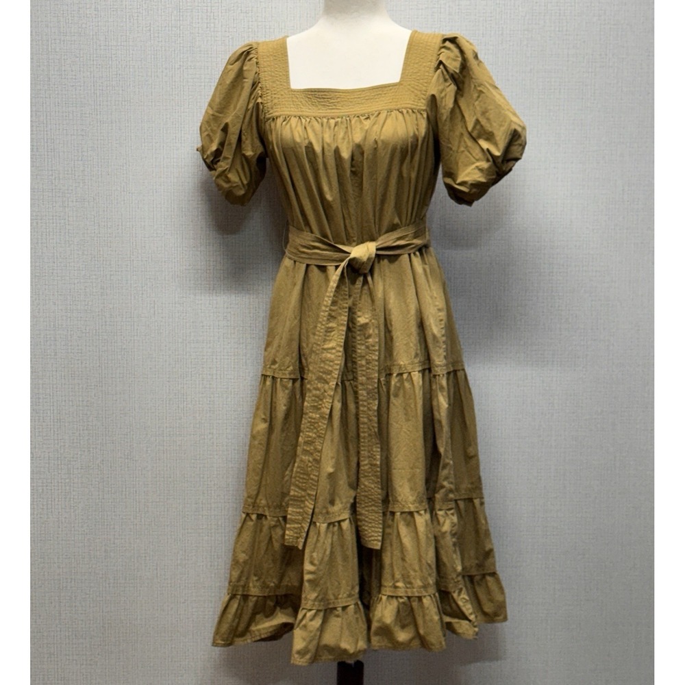 Böhme Womens Tiered Puff Sleeve Smocked Square Neck Midi Dress Mustard Olive L